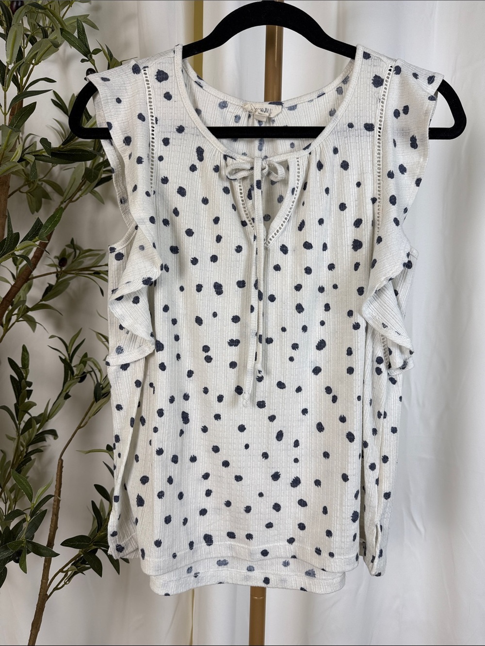 Como Blu Polka Dot Ruffle Sleeve Tie-Front Camisole - White/Navy Sz S (T4)